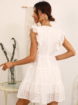 2022 m. Vasarą Baltu Žiedu Siuvinėtos Suknelės Seksualus V-kaklo Mini Suknelės Rankovių Medvilnės