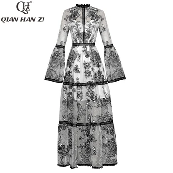 Qian Han Zi Dizainerio Mados Maxi Suknelė Vasarą Moterys Sudegintasis Rankovėmis Slim Senovinių Nėrinių gėlių siuvinėjimas ilga suknelė