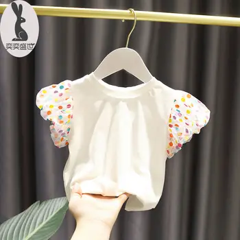 2022 Baby Girl Mados Drabužių Medvilnės sluoksniuotos rankovėmis T-shirt Drabužiai Vaikams Partijos Gimtadienio Dėvėti