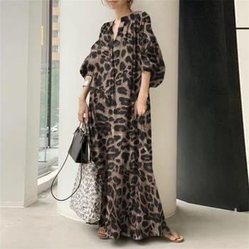 Mados Spausdinti Maxi Suknelė Moterų Leopard Sundress 2022 M. Pavasarį Sluoksniuotos Rankovėmis Ilgai Vestidos Moterų V-Kaklo Skraiste, Negabaritinių
