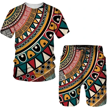 Afrikos Spausdinti moteriški/vyriški marškinėliai Rinkiniai Mados Vintage Stiliaus Tracksuit/Tops/Šortai, Sporto Ir Laisvalaikio Vasaros Vyrų Kostiumas