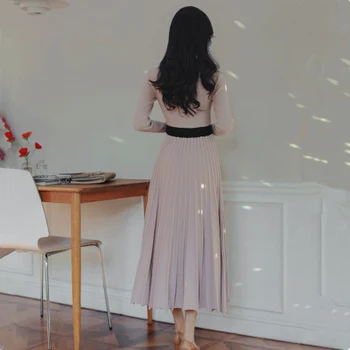 2022 m. Rudenį korėjos Megzti Moterys Ilgai Plisuotos Suknelė Moterims ilgomis Rankovėmis Single-breasted-line Suknelės Elegantiškas Ponios Vestidos