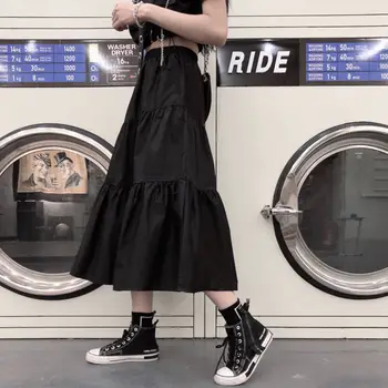 HOUZHOU Black, Gothic Midi Sijonas Moterims Goth Punk Aukšto Juosmens Kratinys-line Ilgi Sijonai korėjos Stiliaus Atsitiktinis Harajuku Streetwear
