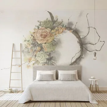 Pasirinktinius Nuotraukų 3D Akvarelė Romantiška Rožių Žiedų Vainikas Žiedai neaustinių Tapetai Miegamajame, Gyvenamasis Kambarys su Sofa-lova, TV Sienų Tapyba