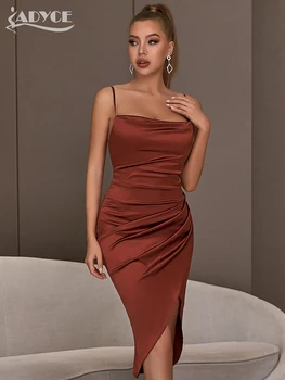 Adyce Spageti Dirželis Elegantiškas Midi Moterų Suknelė 2022 M. Vasarą, Seksualus, be Rankovių Satino Rudos spalvos Puoštas Vakarą Mados Klubo Šalis Suknelė