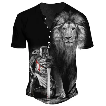 Derliaus vyriški T-shirt 2023 Henley Kryžiaus Liūtas Marškinėliai Vyrams Medvilnės Mados Negabaritinių Trumpas Rankovės Vyrų Drabužiai Atsitiktinis Marškinėliai Viršų