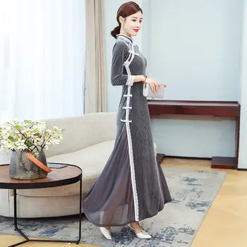 2022 m. Pavasarį, Rudenį Cheongsam Suknelė Elegantiškas Mados Slim Spliced Pasviręs Kišenė Trys Ketvirtį Rankovėmis Kinų Stiliaus Qipao h2196