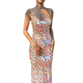 2023 Naujas Ins Stiliaus Moterų Backless Suspender Suknelė Su Spagečiai Dirželiai Rankovių Backless Slim Fit Gėlių Spausdinti Ilga Suknelė