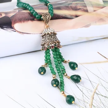 Prabangių Senovinių Ilgai Kutas Pakabukas Karoliai Moterims, Antikos Aukso Spalva Turkijos Green Crystal Megztinis Indijos Bijoux