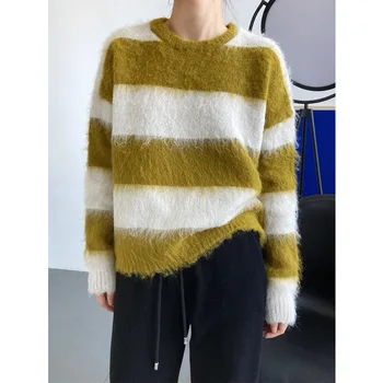 Nauja Rudens ir Žiemos Pullover Sweater Minkštas Konfucianizmas Moheros Spalvų Dryžuotas Džemperis Moterims