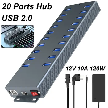 20 Port USB 2.0 Hub Didelio Greičio Duomenų Perdavimą, Greitas Įkroviklis Splitter Išorės 120W 12V 10A AC Maitinimo Kabelis Adapteris Telefoną, Planšetinį