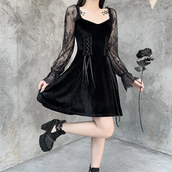 InsDoit Goth Nėrinių Kratinys Juoda Suknelė Gothic Lolita Aukšta Juosmens Linija Suknelė Vintage Elegantiškas Nėrinių Mini Suknelė Šalis Komplektai
