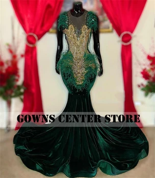 Tamsiai Žalios Plunksnos Aksomo Prom Dresses Luxury Gold Crystal Duobute Elegantiška Suknelė Vestuves Undinė Juoda Merginos skraiste