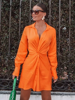 Pasukite Žemyn Mygtuką Iki Bowknot Orange Office Pavasario Vasaros Marškinėliai Satino Suknelė, Trumpas Atsitiktinis Ilgomis Rankovėmis 2022 Femme Šilko Skraiste, Vestidos