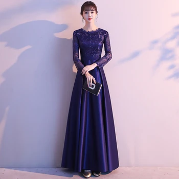 Wei yin AE0247 Dubajus Tamsiai Mėlyna Prabangių Nėrinių ilgomis Rankovėmis-line Vakaro Suknelės Musulmonų Mados Elegantiška Vakaro Drabužiai