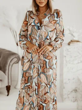 Elegantiškas Modelis Spausdinti Boho Šifono Suknelė Sexy V Kaklo Mygtuką, Nėrinių iki Juosmens Beach Party Dress Atsitiktinis ilgomis Rankovėmis Marškinėliai Suknelė 2022