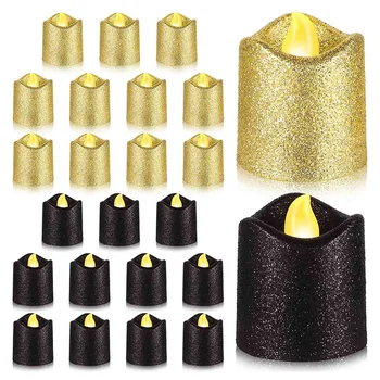 24 Paketai Aukso Flameless Votive Žvakės Juodos spalvos Blizgučiai LED Tealights baterijomis, Arbata Žibintai Šilta Geltona Šviesa Turėtojas
