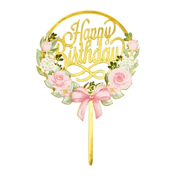 Aukso Akrilo Rožių Gėlių Laimingas Gimtadienio Tortas Topper Vestuvių Gimtadienio Baby Shower Pyragas Desertas Kepimo Apdaila
