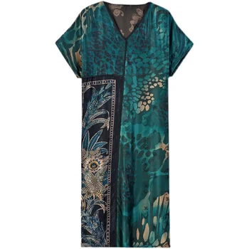 Moterims Gėlių Mulberry Šilko V-Kaklo, Midi Vasaros Suknelė Trumpomis Rankovėmis Elegantiška Suknelė 2022 Korėjos Derliaus Hepburn Šalis Suknelė