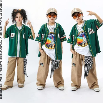 Paauglių Kpop Hip-Hop Drabužių Beisbolo Trumpas Rankovės Marškinėliai Topai Chaki Kelnės Streetwear Girl Berniukas Džiazo Šokio Kostiumų Drabužiai