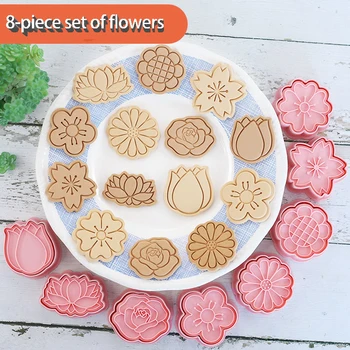 8 Vnt./rinkinys Cookie Cutters Plastikiniai 3D Gėlių Formos Animacinių filmų Pressable Sausainių Sluoksnį Sausainių Antspaudas Virtuvėje, Kepant Konditerijos Bakeware