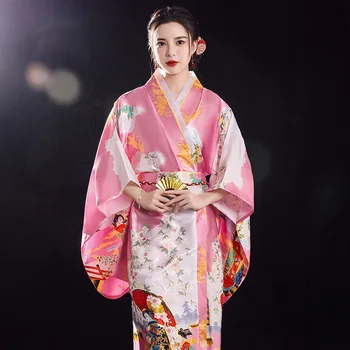 Ilgai Rožinė Veiklos Drabužius Japonų Kimono Chalatas Suknelė Yukata Su Obitage Vakare Šalies Prom Dress Satino Cosplay Kostiumas