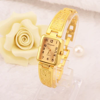 Aukso/Sidabro Moterų Senovinių Prabangių Laikrodžių Elegantiškas Kvarco Mados Stačiakampio Dial Žiūrėti Raižyti Modelio Apyrankę Atsitiktinis Laikrodžius