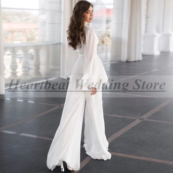 Balta Vestuvinė Suknelė Vasarą Bohemijos Jumpsuit V-Kaklo, ilgomis Rankovėmis Paplūdimio Vestuvių Suknelės, Kelnės Boho Stiliaus Pritaikyti Chalatas De Mariée