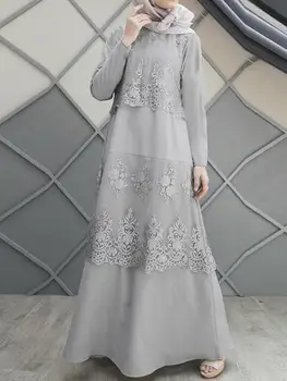 ZANZEA Musulmonų Rudenį Kietas Maxi Suknelė 2022 Mados Moterys Šalis Nėrinių Kaftan Atostogų Elegantiškas Dubajus Abaja Turkija Hijab Negabaritinius