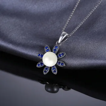 JewelryPalace Gėlių Sukurta Mėlyna Spinel Dirbtiniu būdu išaugintų Perlų 925 Sterlingas Sidabro Karoliai Pakabukas Moteris Mados Dovana Nr. Grandinės