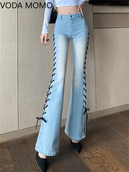Pavasario 2022 moterų aukšto juosmens Moterų nėriniai liesas džinsus moteris džinsinio capris Kelnes jean mama flare džinsai, kelnės, estetinis
