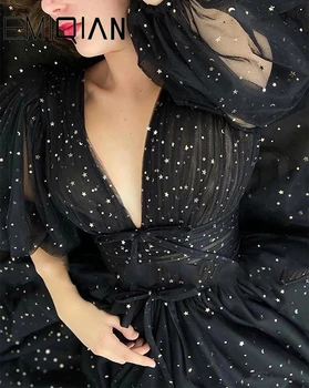 Juodas Žvaigždėtas Tiulio Prom Dresses Blizgančių V-Kaklo Pusę Sluoksniuotos Rankovėmis Cinched Juosmens Vestuvės Suknelės, Ritininės Ilgai-Line Prom Chalatai
